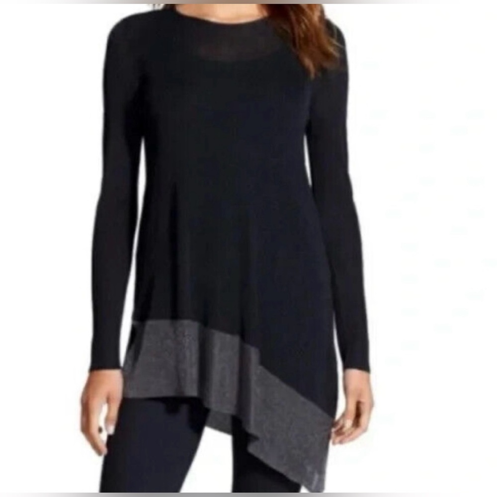 Eileen Fisher Elegant Black asymmetrical tunic.Silver metallic thread.Size XS
